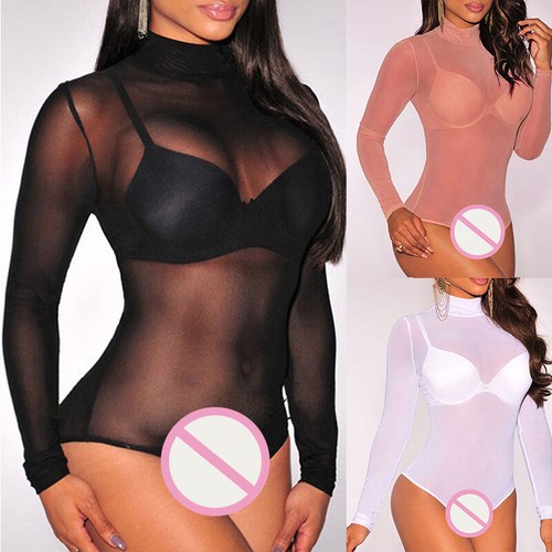 Women Sheer Mesh Fish Net Long Sleeve Turtle Neck See Crop Top T-Shirt Blouse^ - Picture 2 of 19