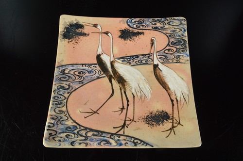 G381: Japanese Old Kiyomizu-ware Crane DESSERT PLATE/dish, auto w/signed box - Picture 7 of 10