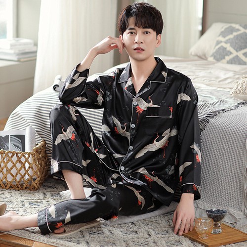 Mens Silk Pajama Set Long Sleeve Top Trousers Satin Sleepwear Autumn Nightwear - Picture 14 of 41