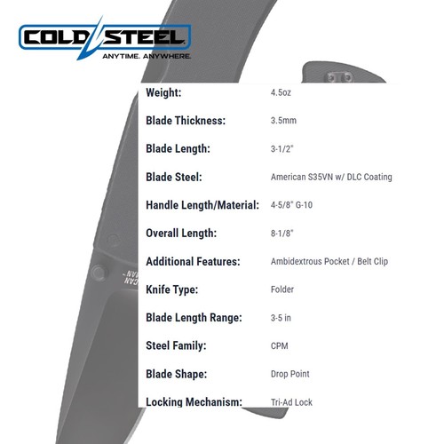 COLD STEEL American Lawman 3.5" S35VN Razor-Sharp Blade 4.625" G-10 Handle Ta... - Picture 7 of 7