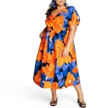 Tabitha Brown Target Tie Back Orange Blue Floral Dress Size 16 NWT