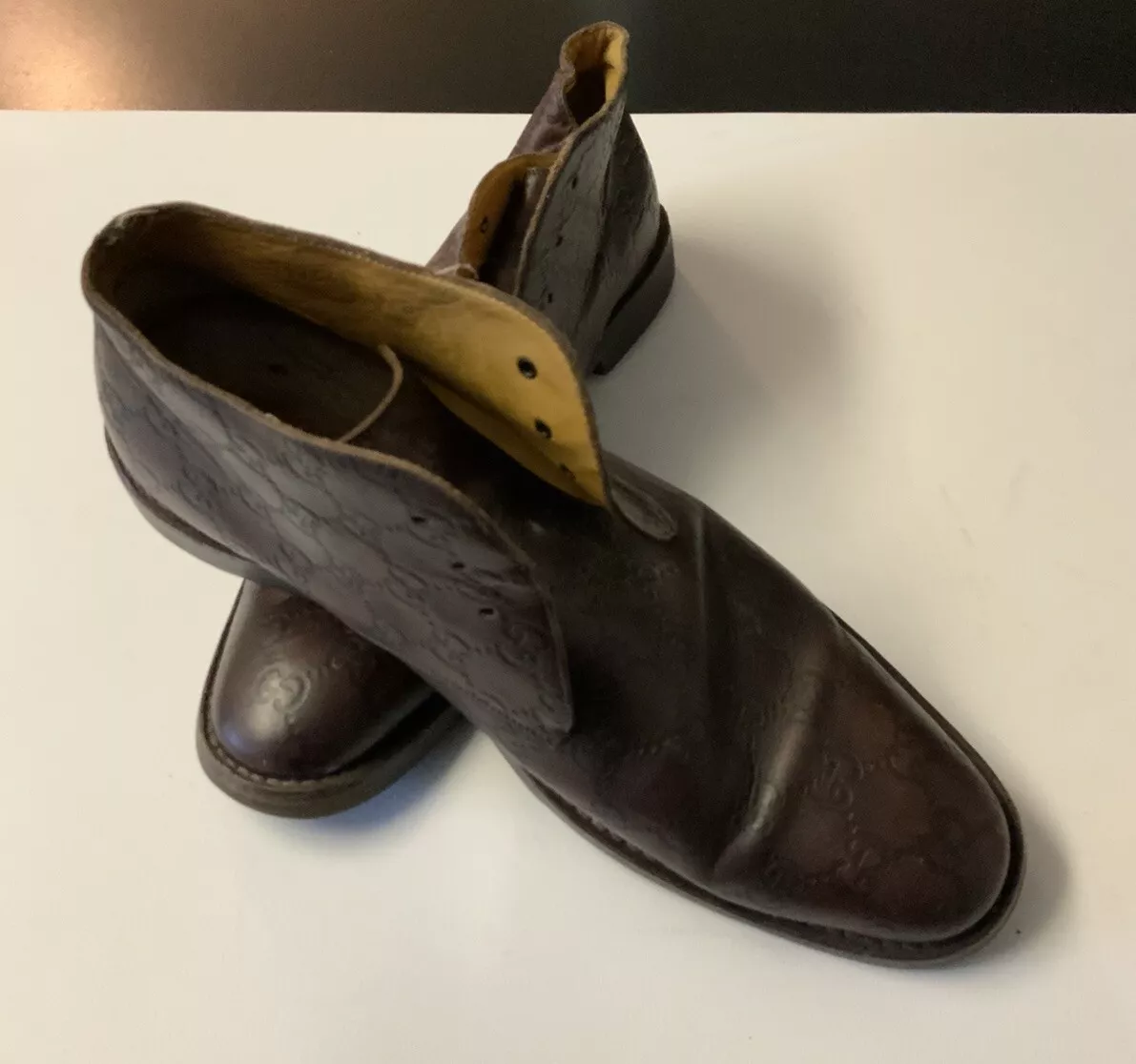 Bottes chaussures homme GUCCI marron GG cuir sans lacets Italie pointure 9 D AUTHENTIQUE