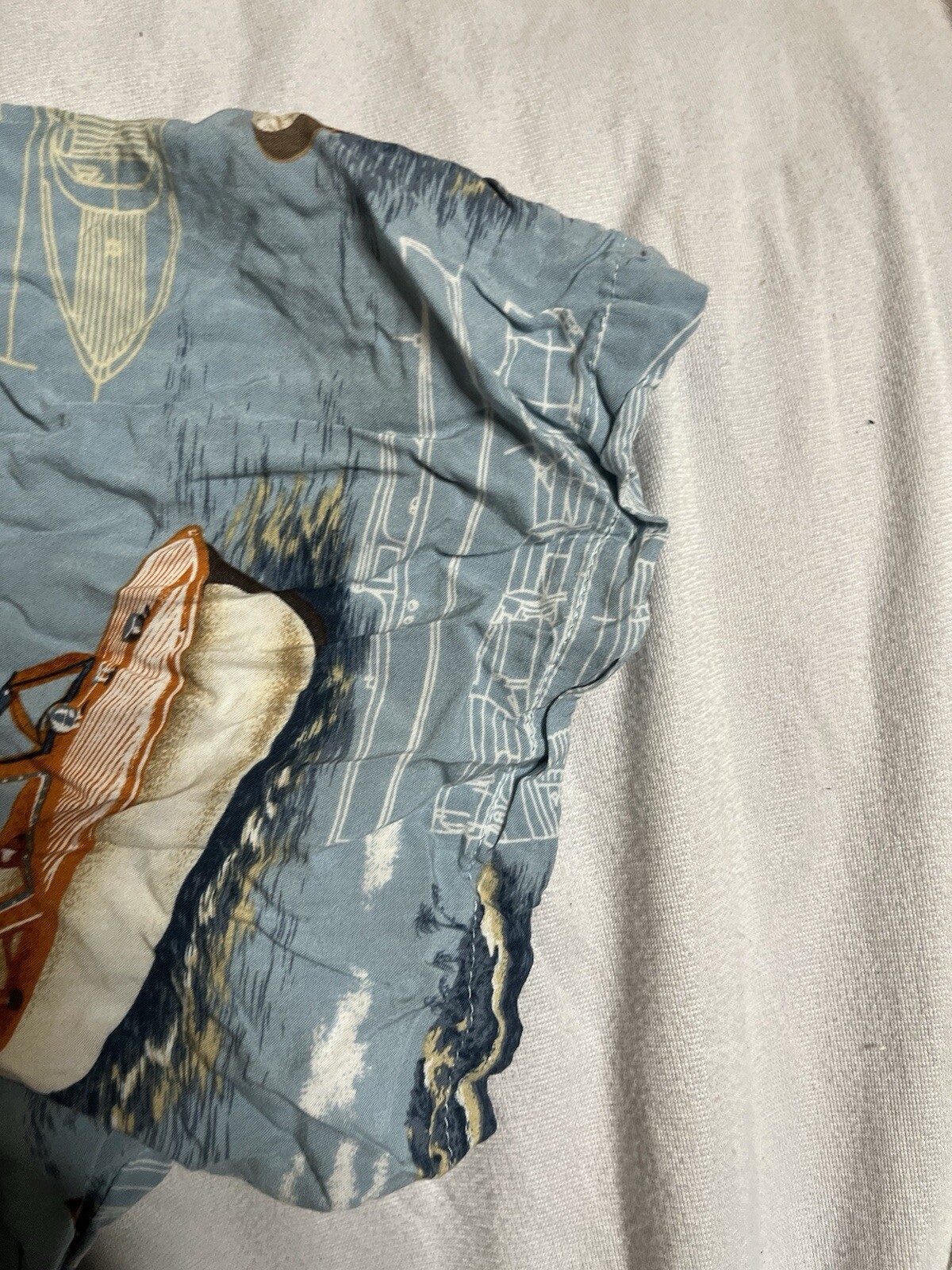 Paradise Found Hawaiian Shirt XLarge Blue Classic Boats Island Beach Tiki Rayon