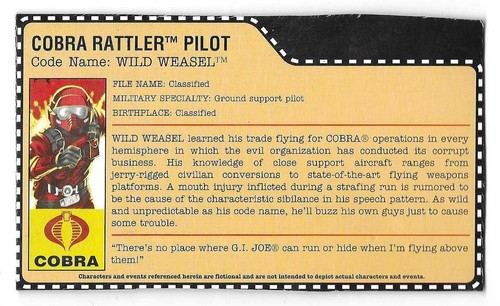 2008 Cobra Wild Weasel v.6 FILE CARD modern filecard Target Rattler GI Joe JTC - Picture 1 of 4