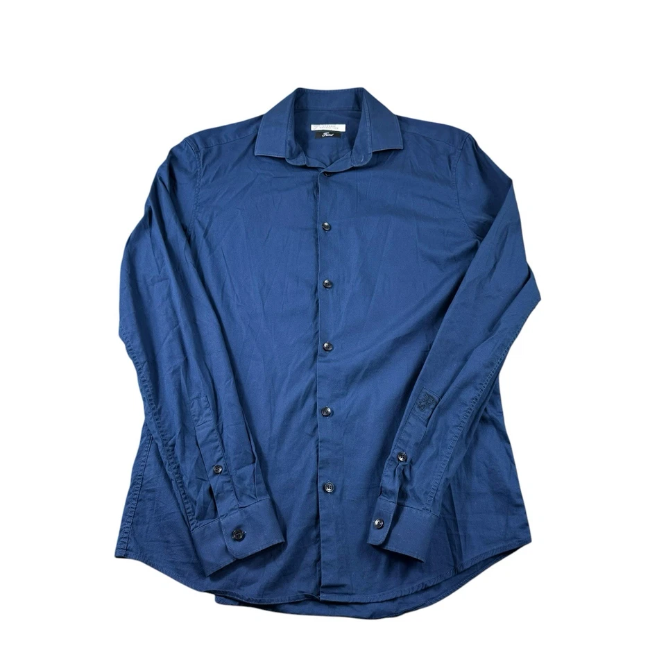 Colección Versace Tendencia Actual Sólido Azul Profundo L/S Botón Frontal Talla 15/38 Foto 2 de 4