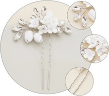 White Flower Crystal Bridal Wedding Bridesmaid Hair Silver Pin Clip Accessory UK