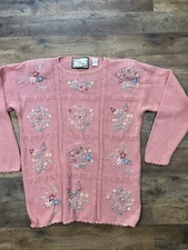 VTG Carolina Colours Private Collection Pink  Sweater Flowers Heart Large