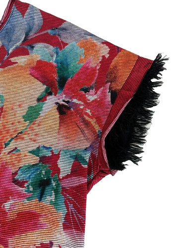 B.L.E.U. kurzärmliges Damen-T-Shirt Oberteil Größe L rot mehrfarbig Blumenmuster A-2 - Bild 8 von 10