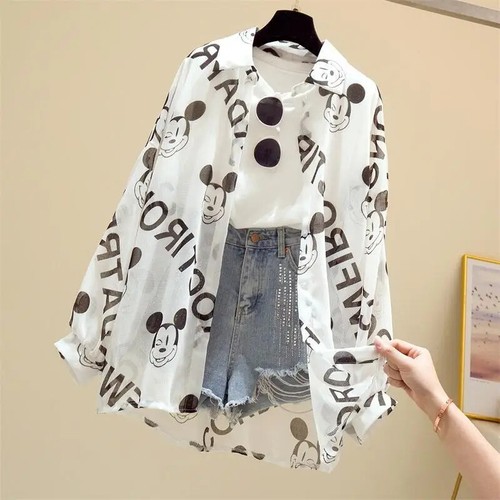 Women's Mickey Mouse Print Long Sleeve Tops Loose Fit White Blouse Casual Shirt - Picture 21 of 31