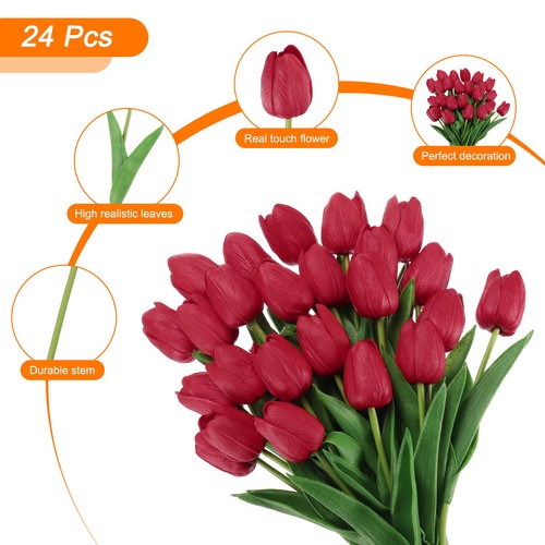 24Pcs Fake Tulips Artificial Flowers, PU Tulips with Stems, Wine red - Bild 3 von 6