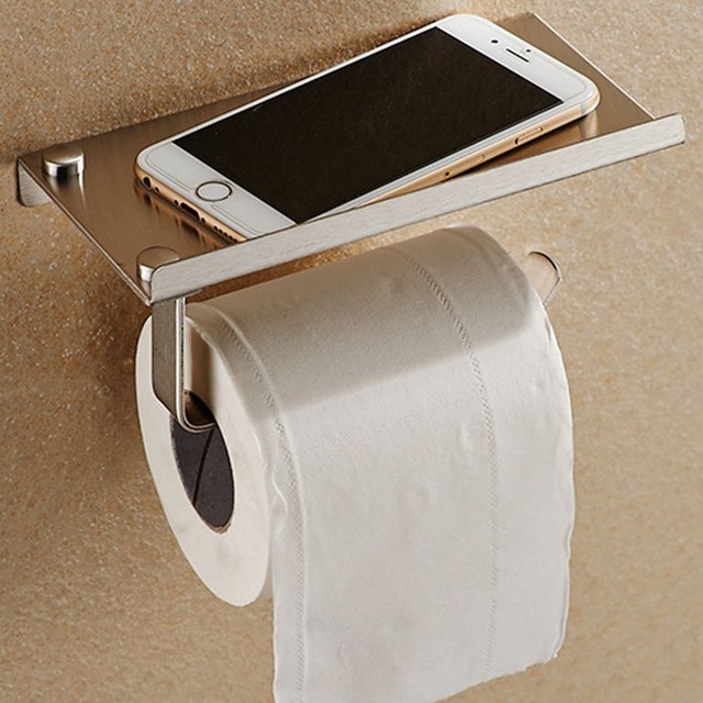 Wall-Mount Stainless Steel Toilet Paper Holder Phone Stand Bathroom Tissue Rack