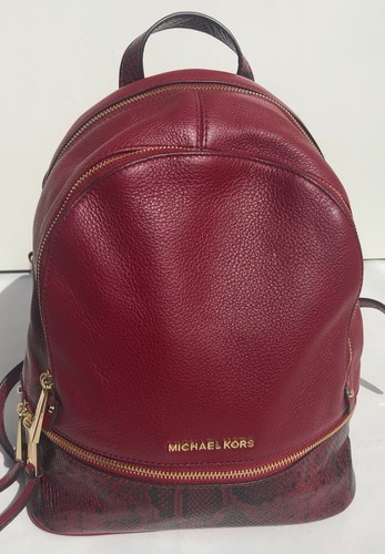 Michael Kors Rhea Leather Backpack Pebbled/Snake Maroon Burgundy - Picture 3 of 14