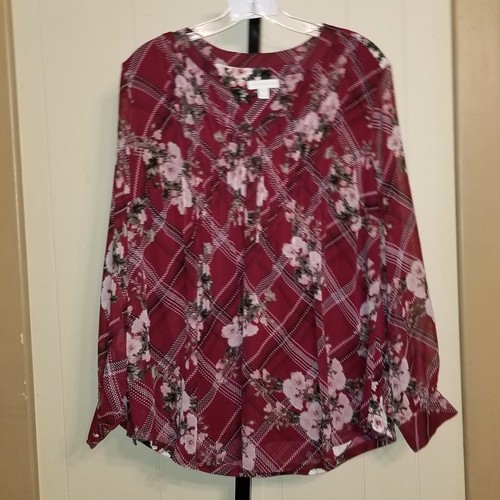 Charter Club Burgundy Floral Plaid Blouse NWOT 0x #1250 - Picture 1 of 3