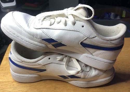 Reebok Mens Stripe Leather Sneakers Shoes Sz 5 White Blue Gym - Picture 2 of 7
