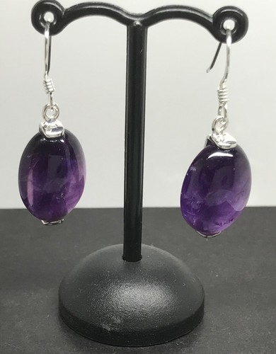 amethyst oval drop earrings, solid Sterling Silver cabochon 18 x 13mm. Gift box. - Picture 7 of 12