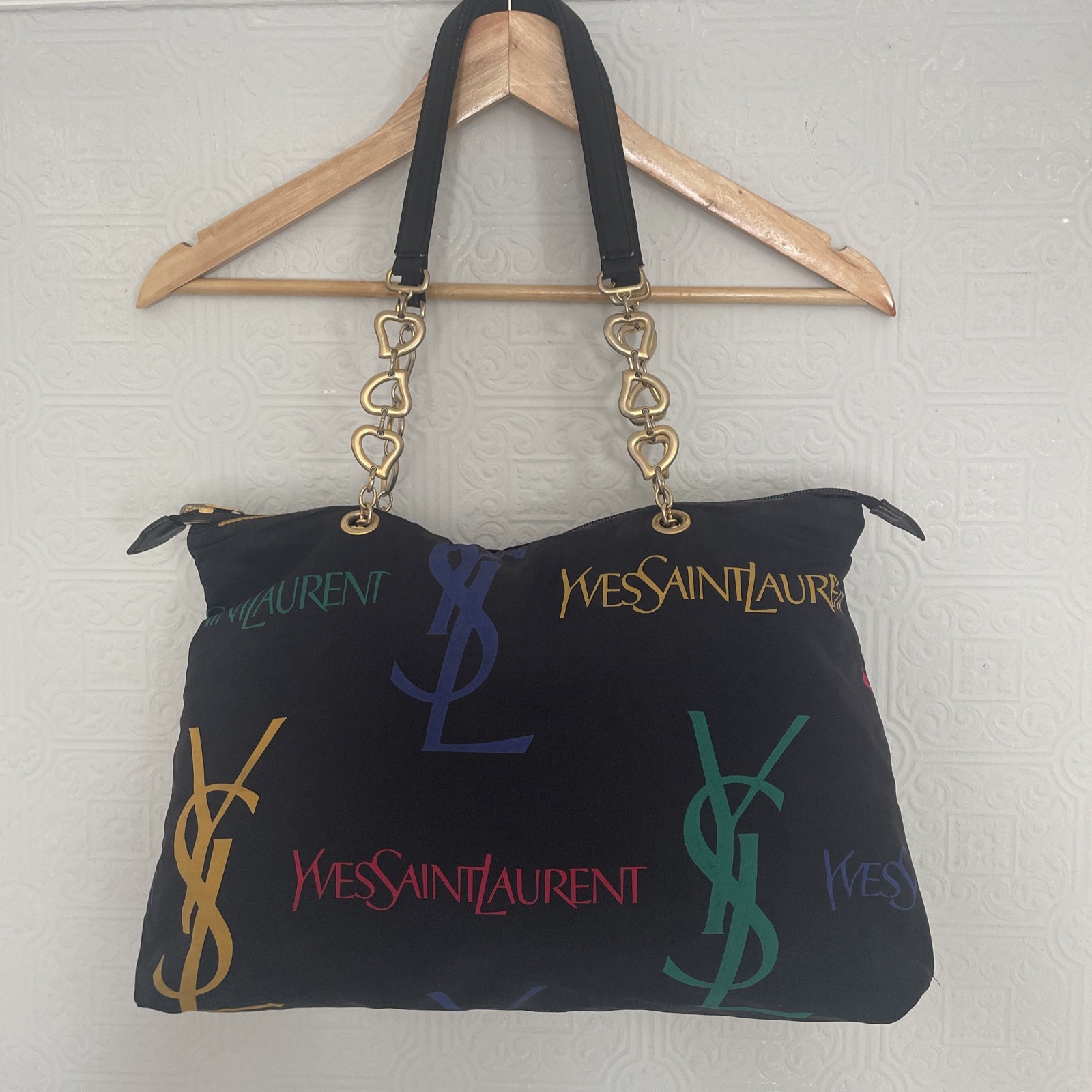 SAINT LAURENT Borsa a tracolla vintage YSL anni 90 tessuto catena oro tracolla zip pezzo raro