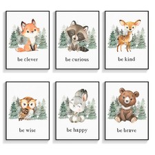 Framed Woodland Nursery Animal Canvas Wall Art, 6 Piece Inspirational Forest ...