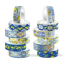 Lemon Washi Tape 12 Rolls, Blue Tiles Yellow Lemon Printed Decorative Washi 