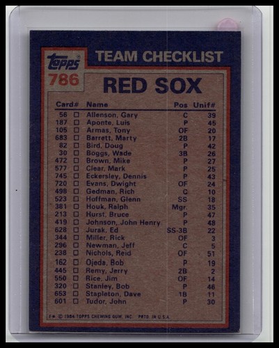 1984 Topps Boston Red Sox Batting & Pitching Leaders #786 Team Checklist - Picture 2 of 3