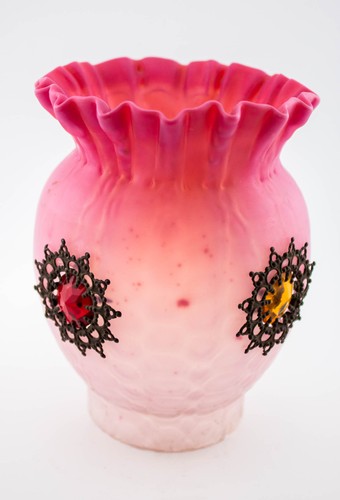 RARE ANTIQUE PINK SATIN GLASS JEWELED LAMP SHADE super rare!!!