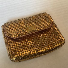 Vintage Whiting Davis Gold Tone Aluminum Mesh Rosary Pouch Bag Purse w/ Cross