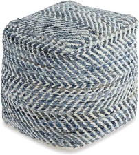 Signature Design by Ashley Chevron Handmade Woven Pouf 18 x 18, Blue and White