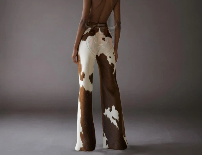 Pantalones de cuero de vaca genuino para mujer pantalones acampanados de campana pelo de pony pantalones de piel Foto 2 de 4