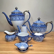 Bombay Porcelain Tea Set Tile Pattern Blue White Platinum Accents 12 Pieces