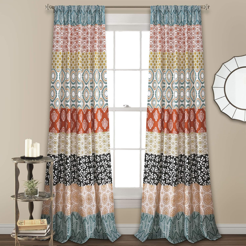 Bohemian Stripe Window Curtain Panels Pair 52" W x 84" L Turquoise & Orange - Picture 11 of 12