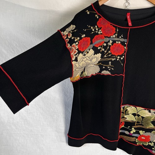 IC Connie K Large Lagenlook Asian Print Top Asymmetrical Artsy Black Red Blouse - Picture 7 of 24