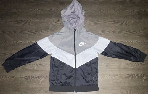 NIKE Swoosh Windrunner Hooded Jacket Boys Size:Medium  White Black And Gray - Picture 1 of 8