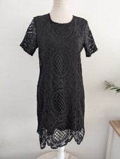 QED Black Crochet Knee Length Shift Cocktail Dress LBD Party Evening Size 12