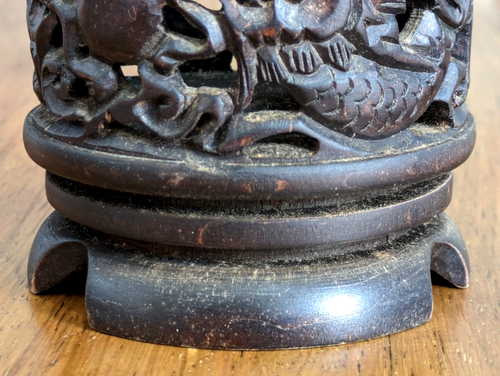 Antiker chinesischer Qing geschnitzter durchbrochener Hartholz Drache & Perle Pinseltopf Bitong - Bild 8 von 12