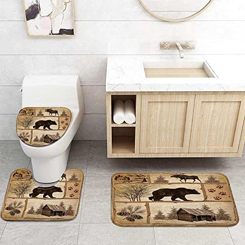Rustic Cabin Bath Rug Set, Farmhouse Country Antique Bear Moose Forest Vintage - Picture 2 of 5