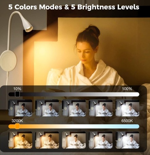 2 LED Wall Mount Reading Lights, Touch Control, Dimmable, Flexible, White - Picture 5 of 9