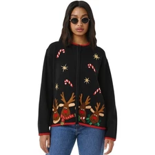 Jennifer Lauren Women Christmas Cardigan Snowmen Snowflakes Full Zip Sweater 1x