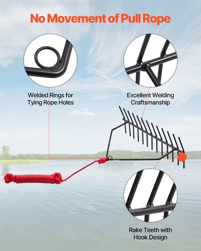 VEVOR 24x8.7 in Pond Aquatic Weed Rake Double-Sided Lake Weed Removal Rake 30ft - Picture 4 of 12