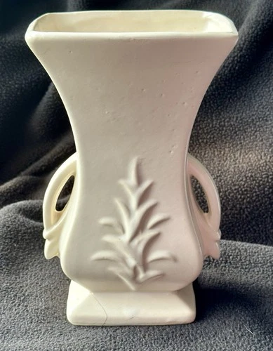 1940s McCoy Double Handled Marked Vase Matte Ivory White Art Deco 8 1/4" READ!