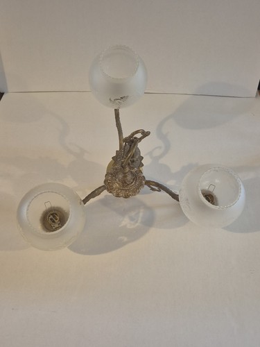 Vintage Brass Ceiling Light With 3 Arms & Globe Shades Heavy - Picture 12 of 16