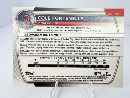 2025 Bowman - Chrome Prospects Cole Fontenelle #BCP-32 Reptilian Refractor (RC) - Picture 2 of 2