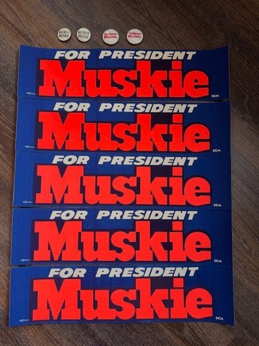 Set of 5 Vintage Muskie for President LARGE Bumper Stickers & 4 campaign pins - Picture 1 of 3