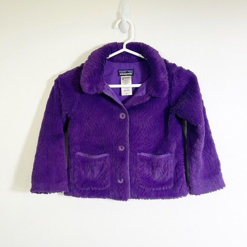 Patagonia Snowy Pelage Purple Fleece Button Coat Jacket Girls 5T - Picture 1 of 2