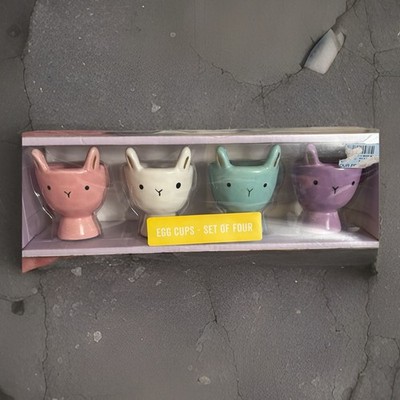 Set Of 4 Sunshine & Main Plaid Hand Painted Ceramic Egg Cups Easter Rabbit s New