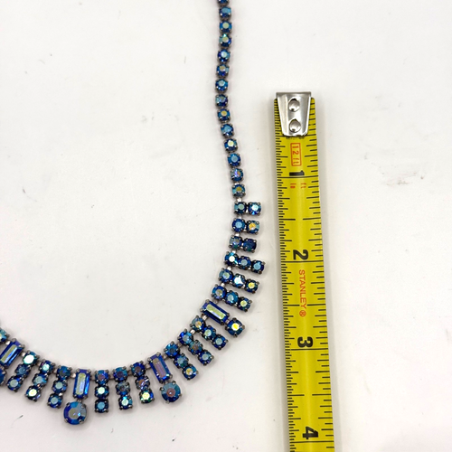 Vintage Blue Aurora Borealis Glass Rhinestone Fringe Collar Necklace 15.5" MCM - Picture 7 of 7