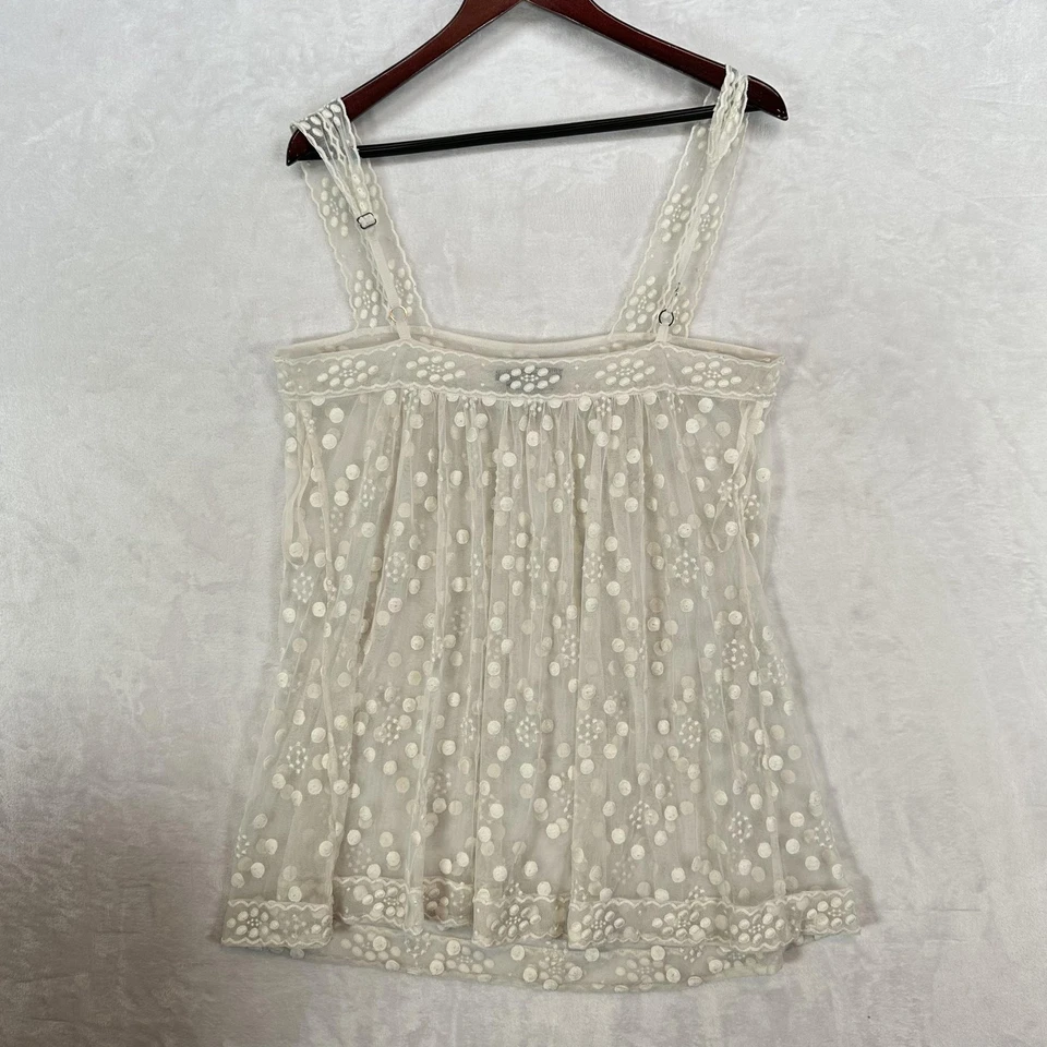 Blusa BCBGMAXAZRIA Feminina Média Marfim Malha Transparente Bordada Bolinhas Renda Regata - Imagem 3 de 4