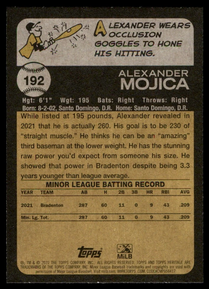 Alexander Mojica 2022 Topps Heritage Minors #192 Bradenton Marauders MLB READ - Image 2 of 2