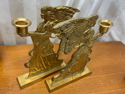 Ein Paar Vintage Engel Skulptur massiv schwer Messing Figur Kerzenhalter 9 Zoll - Bild 9 von 9