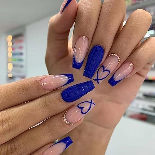 Long Coffin False Nails Blue French Press on Nails Cute Nails Tips superb 8 - Picture 1 of 7