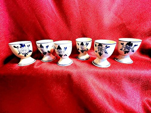 Vintage...Six Hand Painted Porcelain Delft Blue Egg Cups With Wood Display - Picture 3 of 7