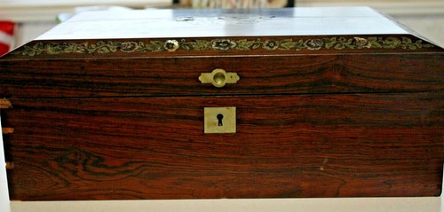 Antique Wooden Writing Travel Desk Mother Of Pearl Inlay Trim Ink Bottle - Picture 6 of 11